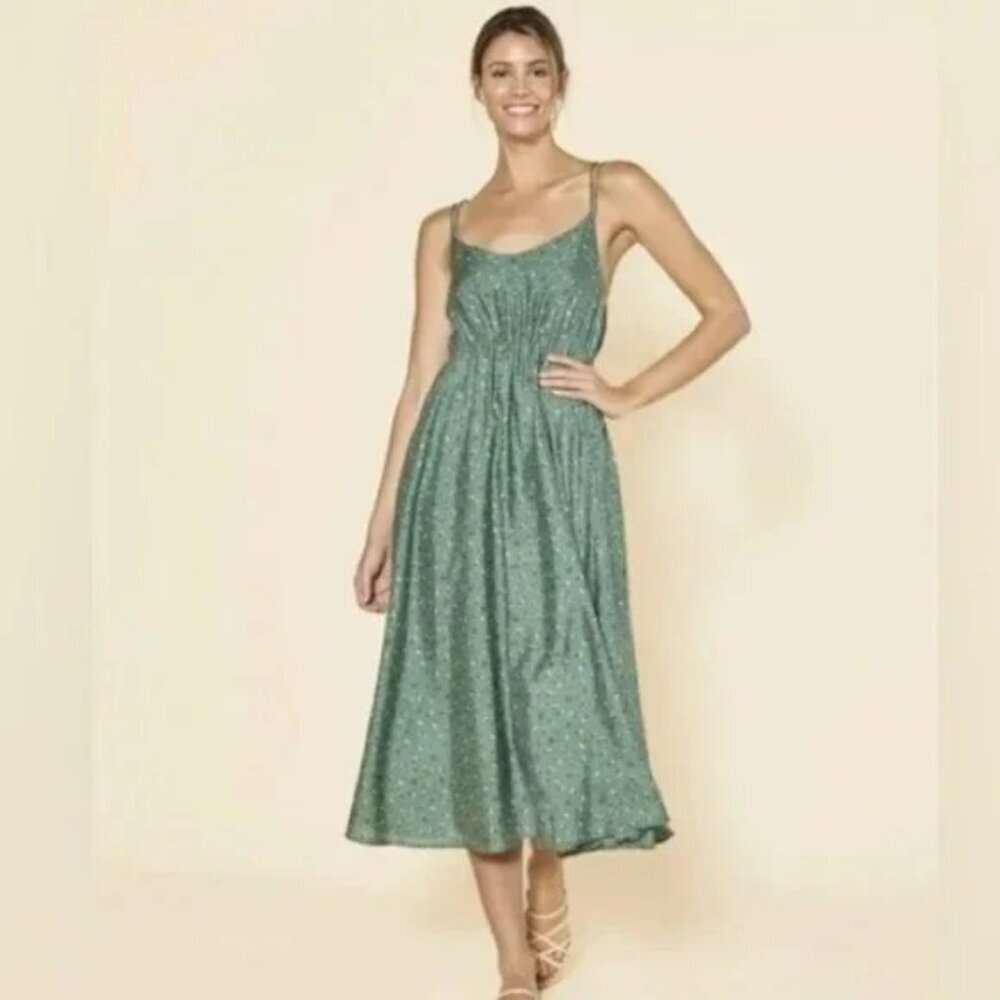 Girly Flirty Coastal Cottage Boho Outerknown Silk Green Floral Midi Dress Large